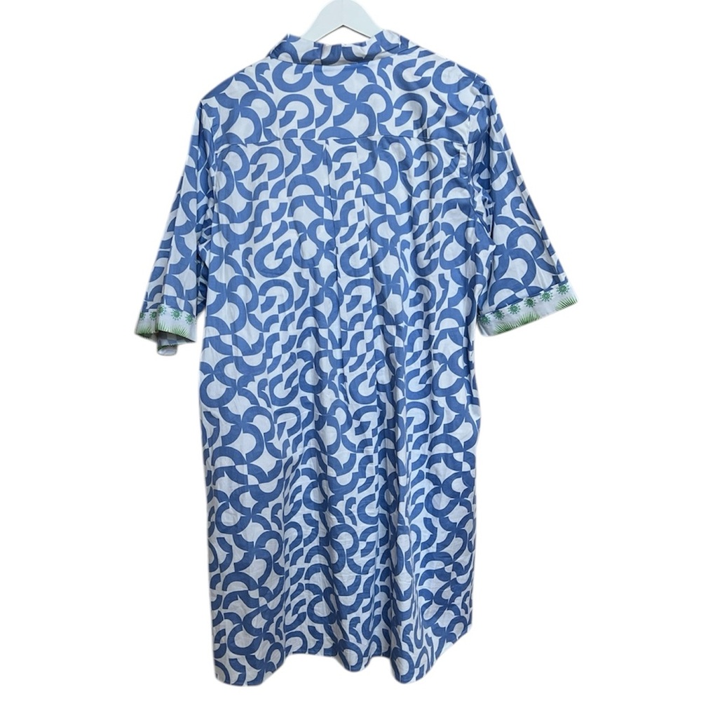 DizzyLizzie Str Cotton Midi Shirt Dress Broken Circle Blue White Green Pocket XL - Picture 2 of 7